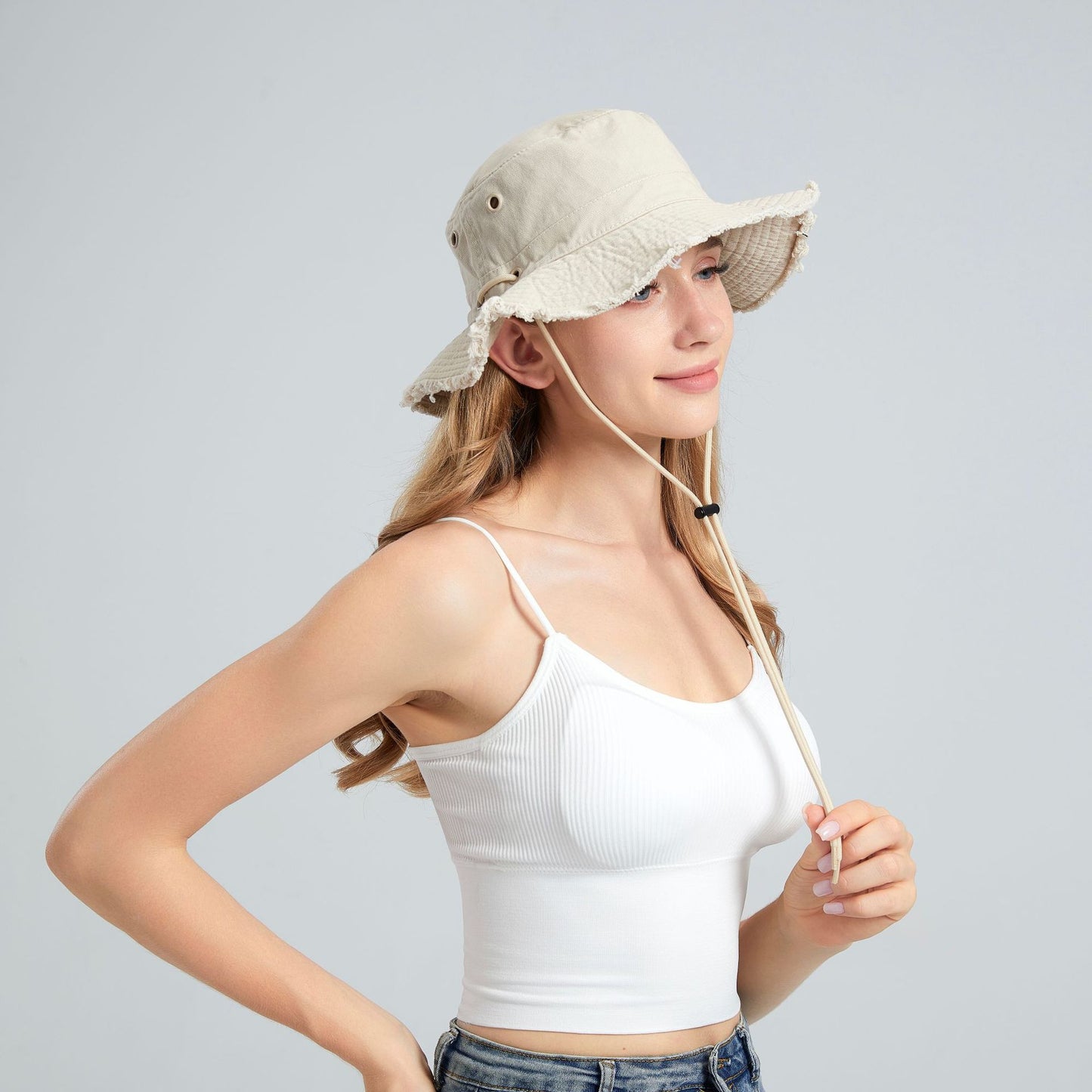 Beige Packable Cotton Bucket Hat - Folds into Wearable Pouch | Frayed Edge Sun Hat with Chin Strap