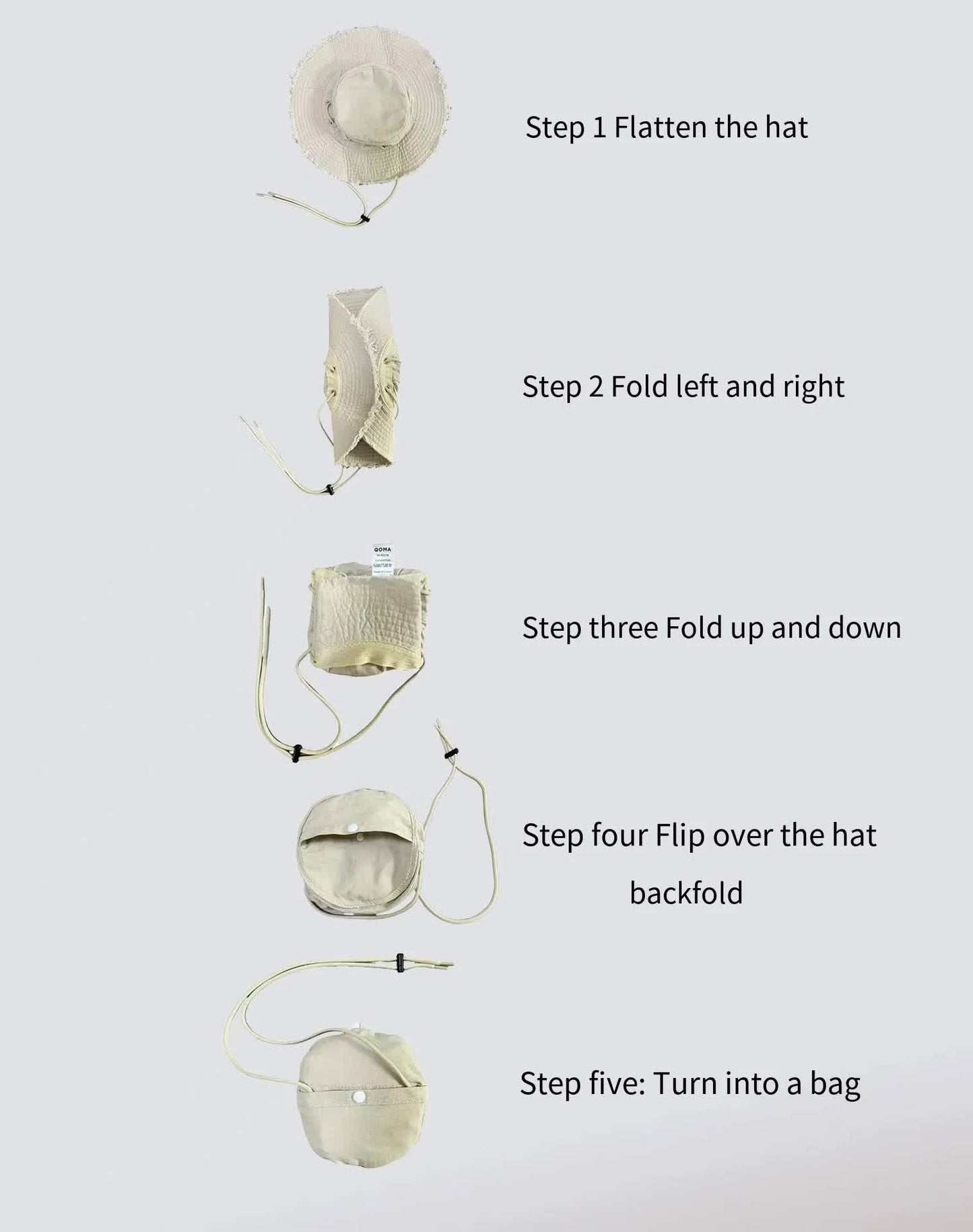 Beige Packable Cotton Bucket Hat - Folds into Wearable Pouch | Frayed Edge Sun Hat with Chin Strap