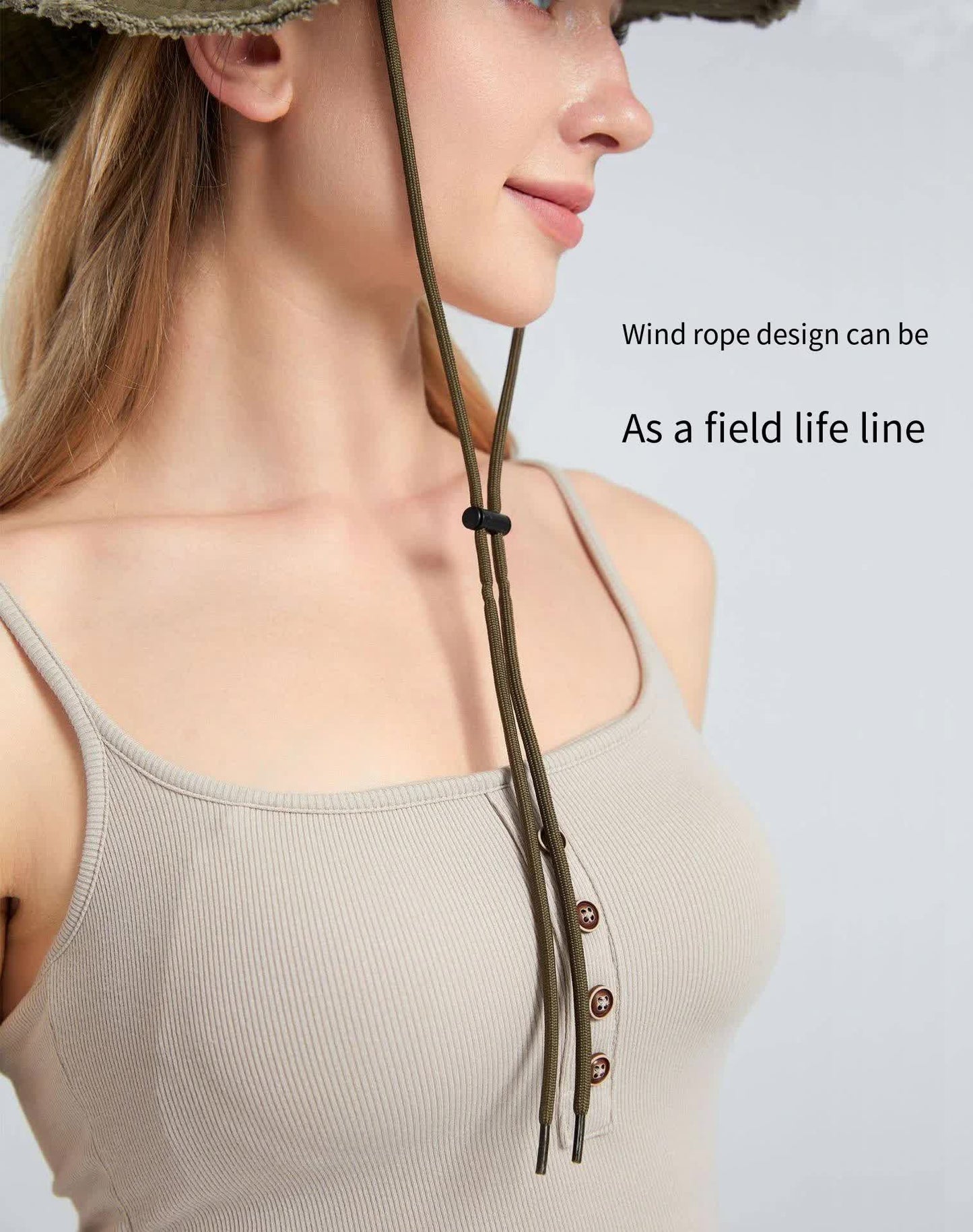 Beige Packable Cotton Bucket Hat - Folds into Wearable Pouch | Frayed Edge Sun Hat with Chin Strap