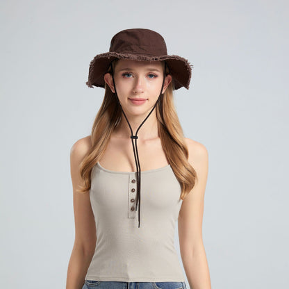 Coffee Packable Cotton Bucket Hat - Folds into Wearable Pouch | Frayed Edge Sun Hat with Chin Strap