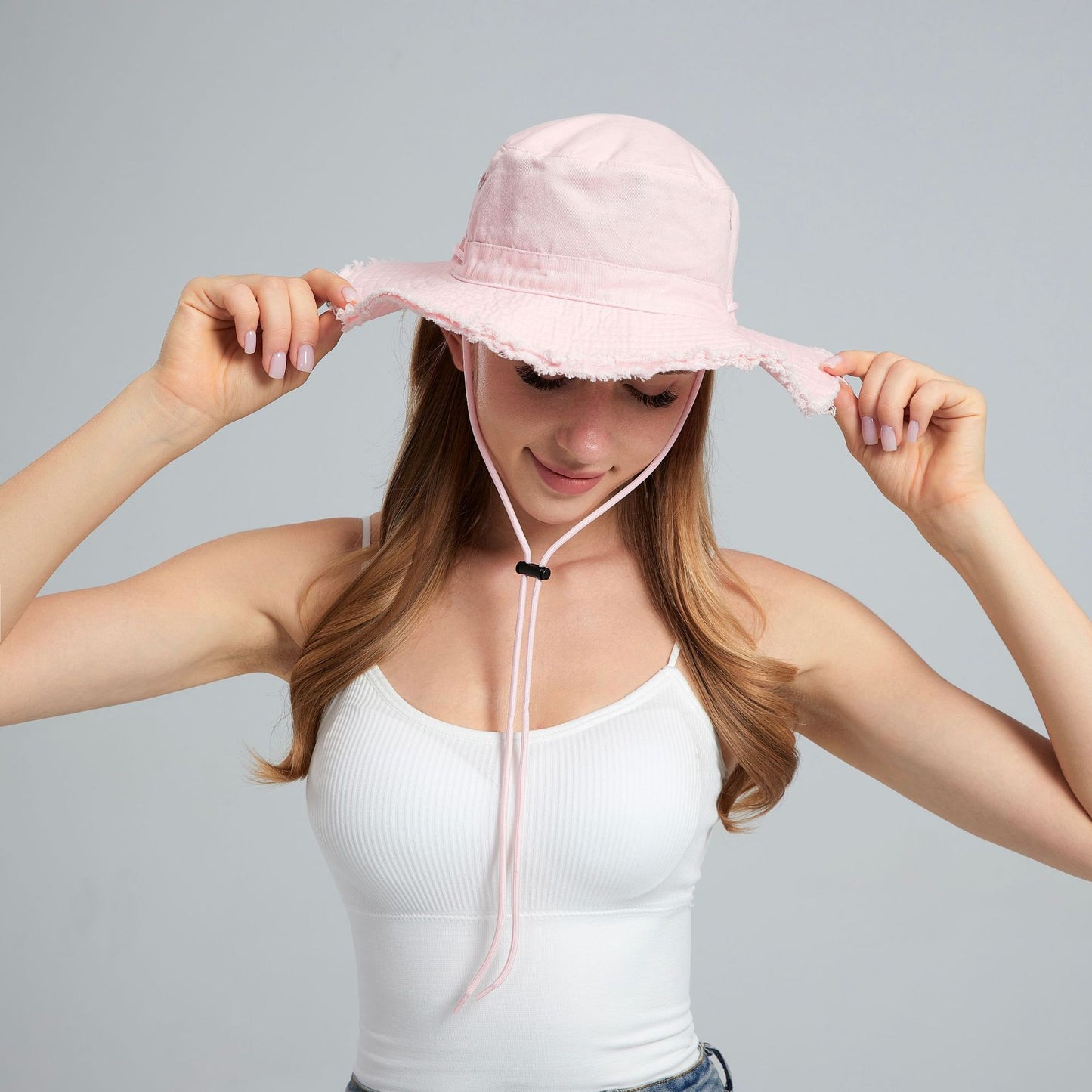 Pink Packable Cotton Bucket Hat - Folds into Wearable Pouch | Frayed Edge Sun Hat with Chin Strap