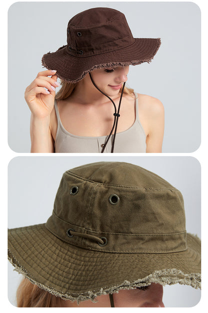 Pink Packable Cotton Bucket Hat - Folds into Wearable Pouch | Frayed Edge Sun Hat with Chin Strap