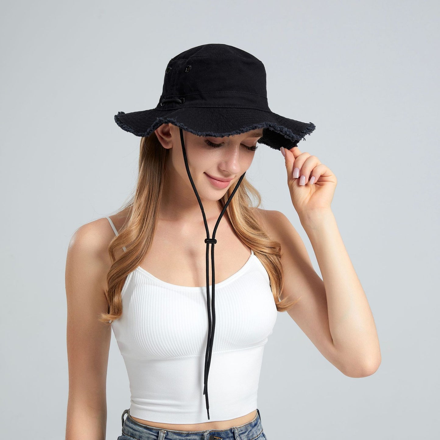 Black Packable Cotton Bucket Hat - Folds into Wearable Pouch | Frayed Edge Sun Hat with Chin Strap