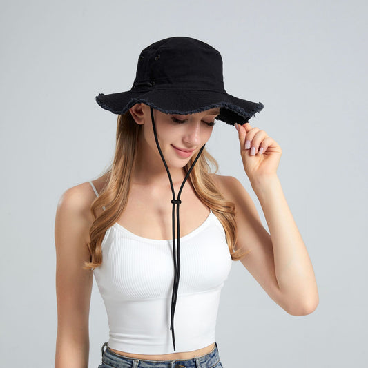 Black Packable Cotton Bucket Hat - Folds into Wearable Pouch | Frayed Edge Sun Hat with Chin Strap