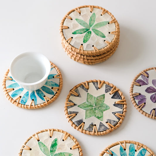 4 Pcs Beige Background With Blue and Grey flower Handcrafted Rattan Coaster with Natural Shell Inlay - Decorative & Heat Insulating Drink Mat