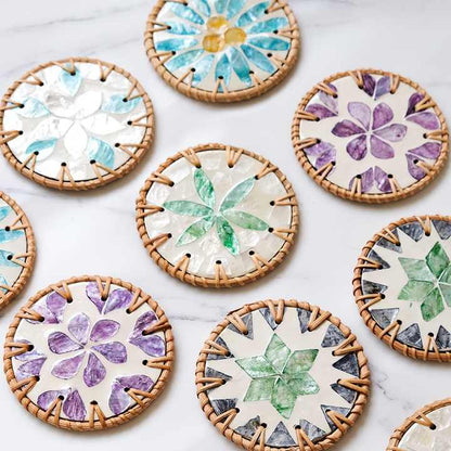 4 Pcs Beige Background With Blue and Grey flower Handcrafted Rattan Coaster with Natural Shell Inlay - Decorative & Heat Insulating Drink Mat