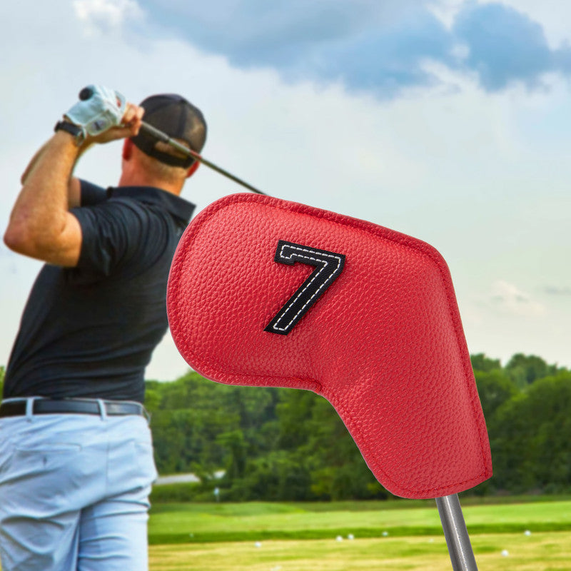 Red Golf Iron Head Covers Set of 10 - Waterproof PU Leather Club Protectors with Embroidered Numbers (3-9, P, A, S)