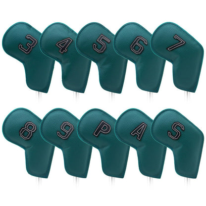 Dark Green Golf Iron Head Covers Set of 10 - Waterproof PU Leather Club Protectors with Embroidered Numbers (3-9, P, A, S)