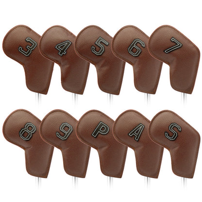 Brown Golf Iron Head Covers Set of 10 - Waterproof PU Leather Club Protectors with Embroidered Numbers (3-9, P, A, S)