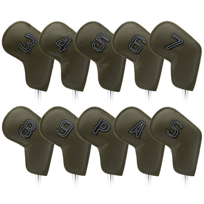 Gray Green Golf Iron Head Covers Set of 10 - Waterproof PU Leather Club Protectors with Embroidered Numbers (3-9, P, A, S)