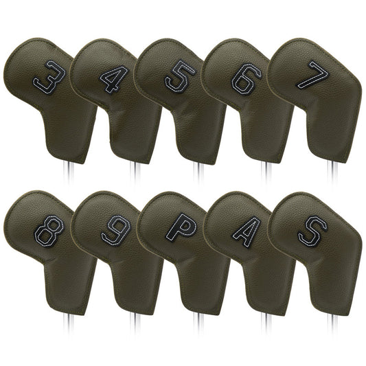 Gray Green Golf Iron Head Covers Set of 10 - Waterproof PU Leather Club Protectors with Embroidered Numbers (3-9, P, A, S)