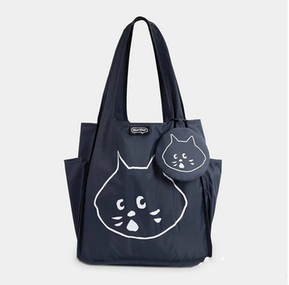 Dark Blue Foldable Waterproof Shopping Tote Bag Set - Large Capacity Lightweight Reusable Grocery Bag with Matching Pouch