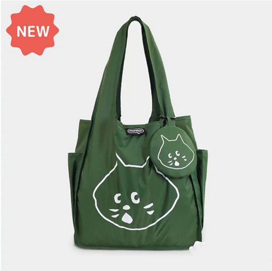 Dark Green Foldable Waterproof Shopping Tote Bag Set - Large Capacity Lightweight Reusable Grocery Bag with Matching Pouch