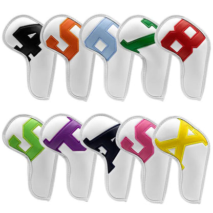 Colorful Words On White Background PU Leather Golf Iron Headcovers Set (10pcs) - Numbered Protective Club Covers (4-9, P, A, S, L) Universal Fit