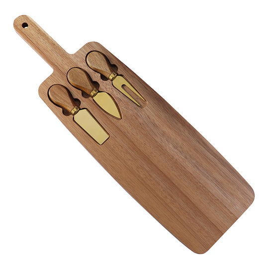Brown And Gold Premium Acacia Wood Cheese Board Set | Charcuterie Platter with 3 Stainless Steel Knives