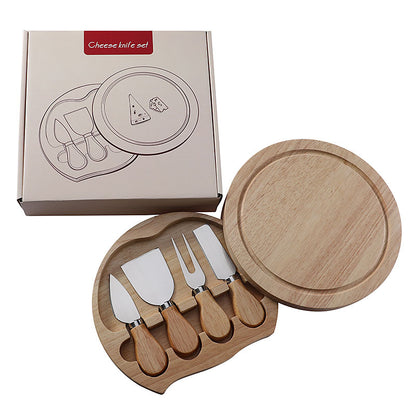 Brown And Silver Compact Round Rubberwood Cheese Board Set | 4 Stainless Steel Knives & Tools