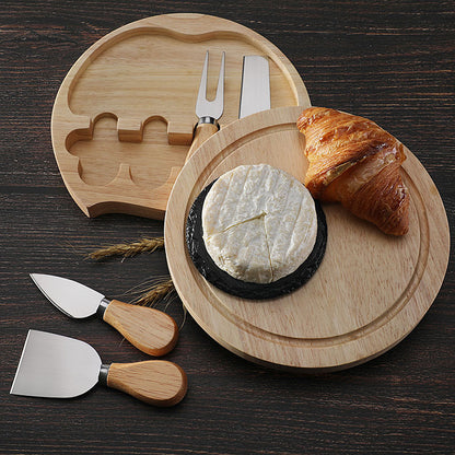 Brown And Silver Compact Round Rubberwood Cheese Board Set | 4 Stainless Steel Knives & Tools