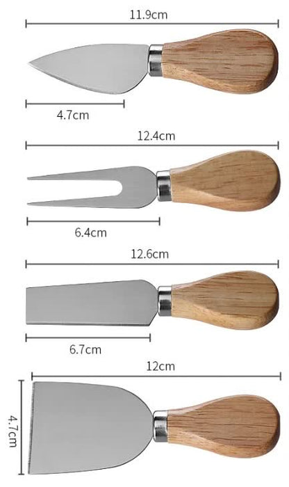 Brown And Silver Compact Round Rubberwood Cheese Board Set | 4 Stainless Steel Knives & Tools