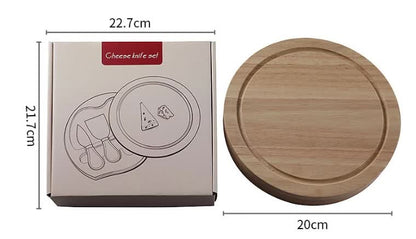 Brown And Silver Compact Round Rubberwood Cheese Board Set | 4 Stainless Steel Knives & Tools