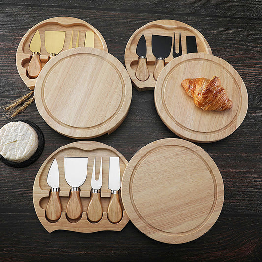 Brown And Black Compact Round Rubberwood Cheese Board Set | 4 Stainless Steel Knives & Tools