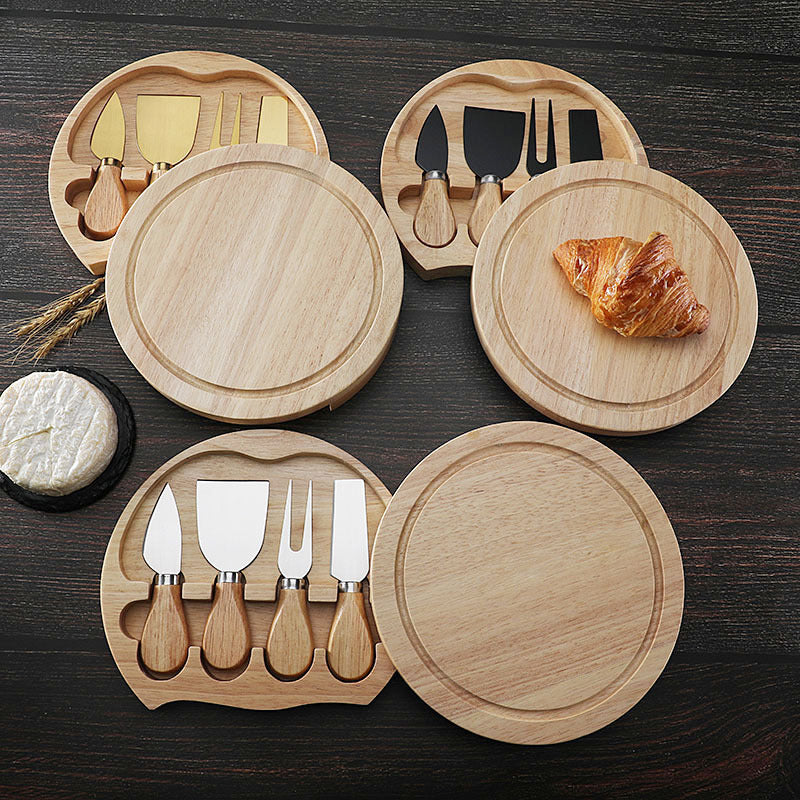 Brown And Gold Compact Round Rubberwood Cheese Board Set | 4 Stainless Steel Knives & Tools