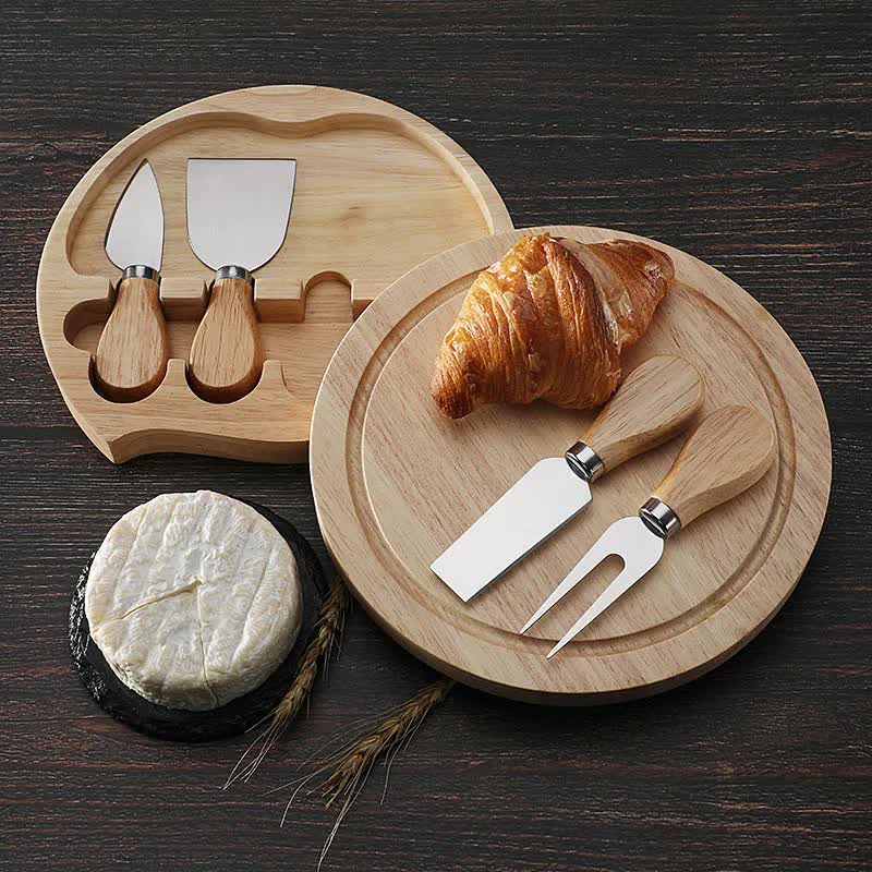 Brown And Gold Compact Round Rubberwood Cheese Board Set | 4 Stainless Steel Knives & Tools