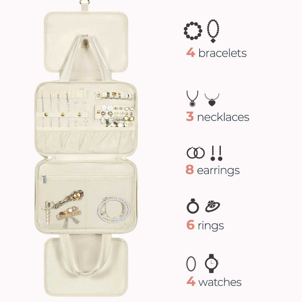 Size M Beige Quilted Hanging Toiletry Bag with Jewelry Organizer - Travel Cosmetic Case(28*12*20)