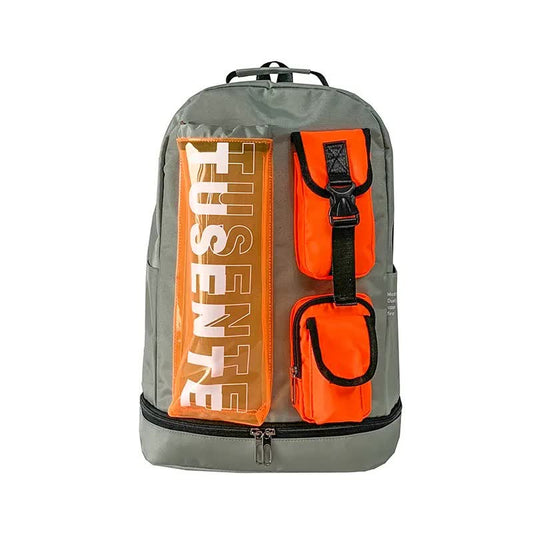 Orange And Grey Stylish Sports Backpack with Contrast Pockets - Unisex Gym Bag for Badminton & Tennis