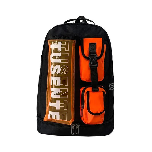 Orange And Black Stylish Sports Backpack with Contrast Pockets - Unisex Gym Bag for Badminton & Tennis