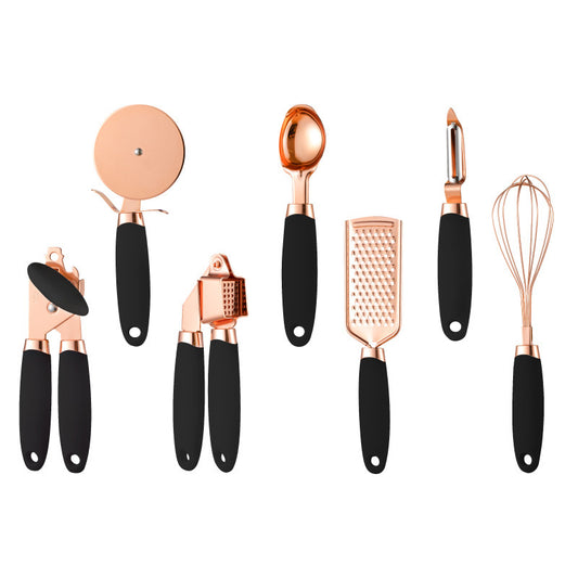 Black And Rose Gold 7-Piece Kitchen Gadget Set - Stainless Steel Utensils with Comfort Grip Handles
