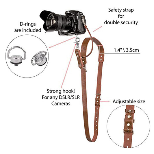 Brown Adjustable Genuine Leather Camera Strap - Crossbody Shoulder Sling for DSLR/SLR(The camera is a prop and is not included)