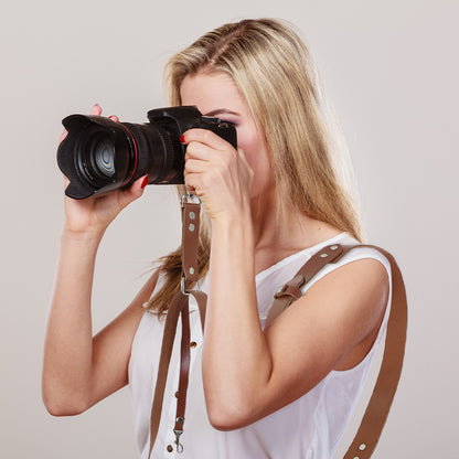 Coffee Adjustable Genuine Leather Camera Strap - Crossbody Shoulder Sling for DSLR/SLR(The camera is a prop and is not included)