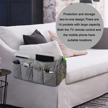 2 Pcs Blue Quilted Sofa Armrest Organizer Caddy - Multi-Pocket Remote Control Holder Bag