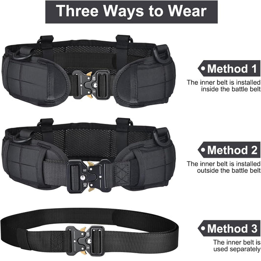 Black Adjustable Tactical Battle Belt Set - Padded MOLLE Outer & Nylon Inner Belt