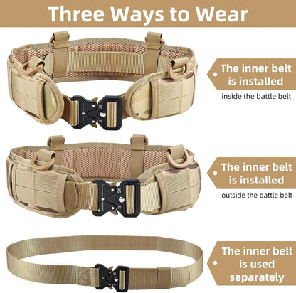 Khaki Adjustable Tactical Battle Belt Set - Padded MOLLE Outer & Nylon Inner Belt
