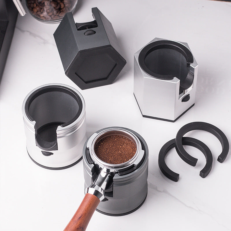 Silver Round Professional Aluminum Espresso Tamping Station - Adjustable Portafilter Holder Stand
