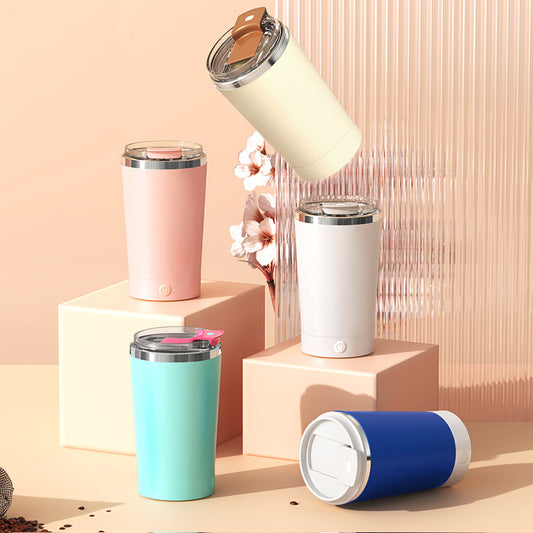 Pink 316 Stainless Steel Rechargeable Electric Self-Stirring Mug - 420ml Automatic Mixing Cup with Magnetic Rotor