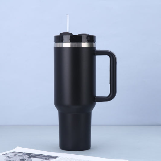Black 40oz Stainless Steel Tumbler with Handle & Straw - Large Capacity Insulated Travel Mug