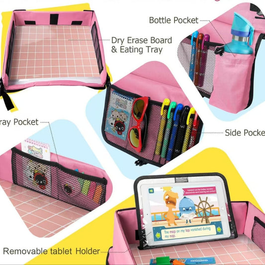 Blue Car Seat Organizer Tray for Kids - Travel Toy Storage with 43×36.5×30cm Large Capacity - Backseat Activity Tray with Storage Pockets