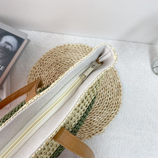Blue-beige Eco-Friendly Woven Straw Tote Bag - Stylish 47x36x16cm Women's Shoulder Bag for Beach, Shopping & Daily Use