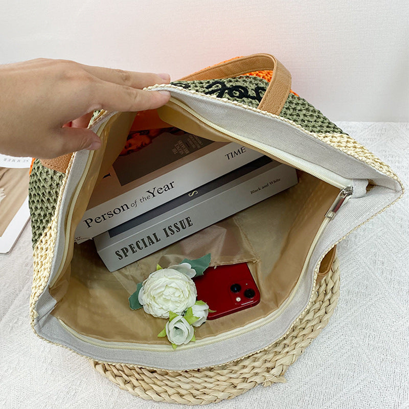 Blue-beige Eco-Friendly Woven Straw Tote Bag - Stylish 47x36x16cm Women's Shoulder Bag for Beach, Shopping & Daily Use