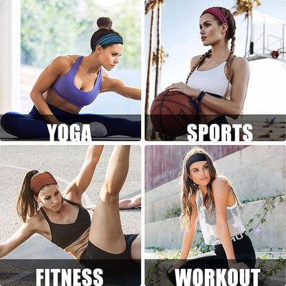 Camouflage Yellow 5-Pack Wide Sports Headbands for Women - Non-Slip Yoga Headwraps with Sweat-Wicking Fabric (88% Nylon+12% Spandex)
