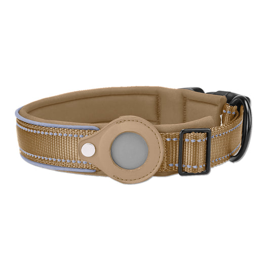 S Khaki Secure Nylon Dog Collar with Built-in Apple AirTag (not included) Holder Case - Pet Tracker Accessory