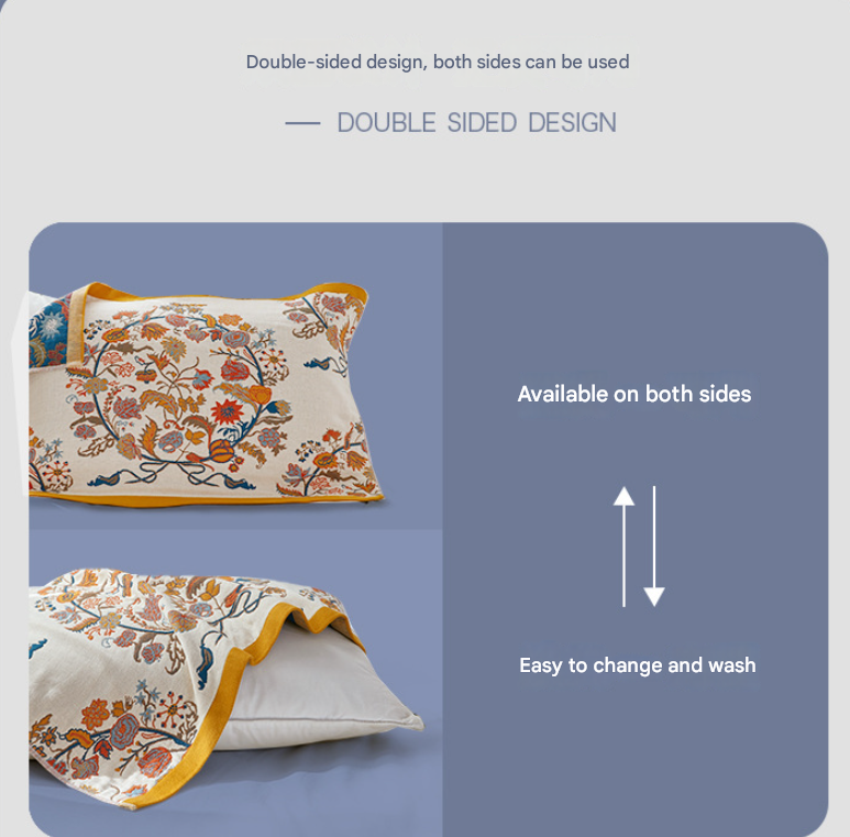 Single Yellow Floral Pillow Towel Premium Cotton Gauze Pillow Towel Pair - Simple Nordic Style (52x75cm)