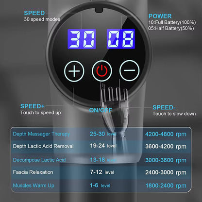 Black Deep Tissue Percussion Massage Gun - 30 Speeds, 6 Heads, Type-C Charging