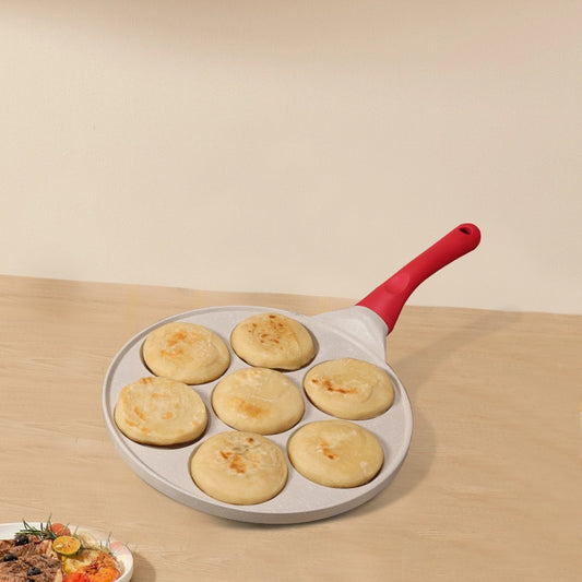Beige Cartoon + Red Handle (Gas Model) Non-Stick Pancake Pan - 7-Hole Fun Shapes Breakfast Griddle (27cm)