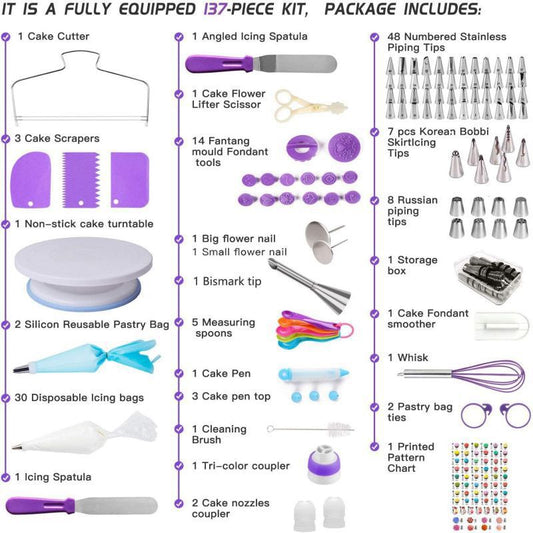 Purple Comprehensive 137-Piece Cake Decorating Kit - Turntable, Piping Tips & Baking Tools Set