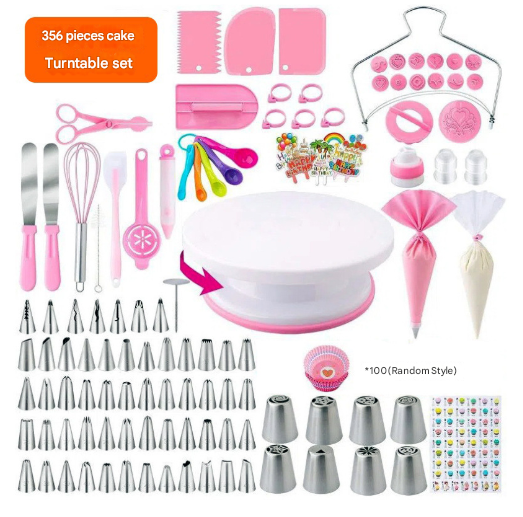 Pink Comprehensive 356-Piece Cake Decorating Kit - Turntable, Piping Tips & Baking Tools Set