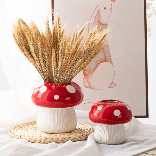 Middle Size Red Whimsical Ceramic Mushroom Vase - Decorative Floral & Hydroponic Planter