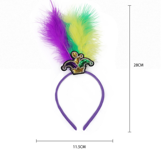Masks Pattern Festive Mardi Gras Feather Headband Set - 10 Pack Sequin Jester Hat Party Accessory